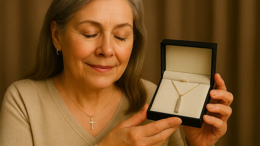 Madre con su regalo por día de las madres, es un dije de oro