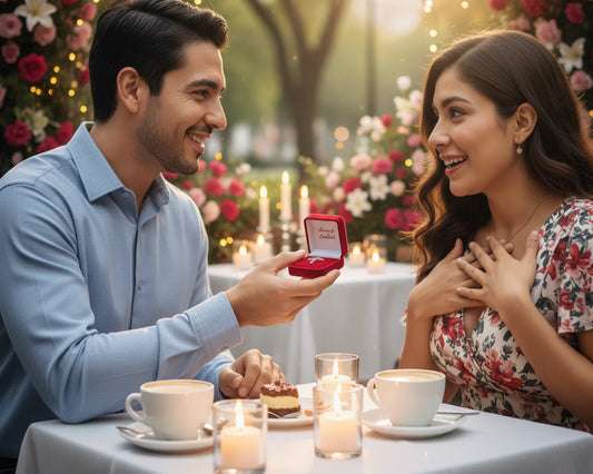 Pareja en una cena romántica, donde el hombre le obsequia a la mujer un regalo de Amor y Amistad.