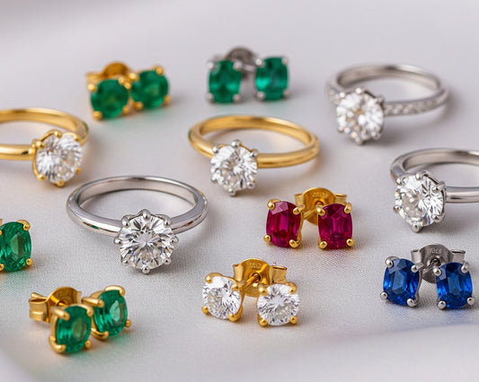 Imagen donde se logra percibir una gran variedad de anillos de compromiso en oro amarillo y blanco de 18 quilates con piedras preciosas.
