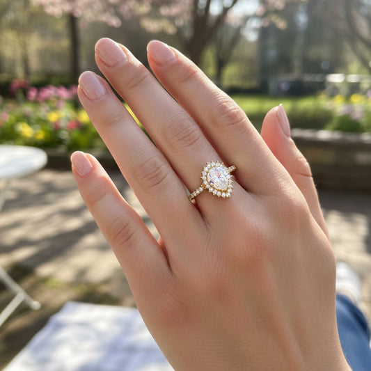 Mano de mujer usando un anillo en oro amarillo de 18 quilates con cristal en forma de gota y circulares de Joyería Caracas.