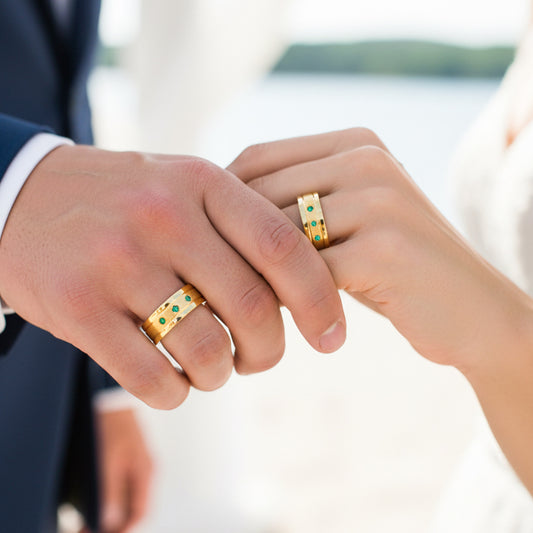 Manos de una pareja usando unas argollas en oro amarillo de 18 quilates con cristales verdes de Joyería Caracas.