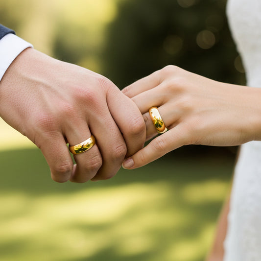 Manos de una pareja usando unas argollas en oro amarillo de 18 quilates de Joyería Caracas.