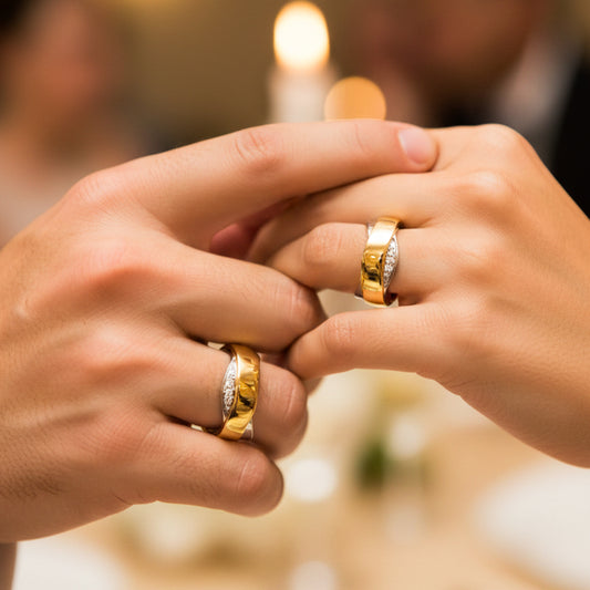 Manos de una pareja usando unas argollas de matrimonio en oro amarillo y blanco de 18 quilates con cristales de Joyería Caracas.