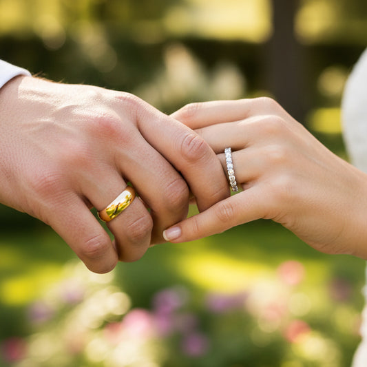 Manos de una pareja usando unas argollas de matrimonio en oro amarillo y blanco de 18 quilates con cristales de Joyería Caracas.