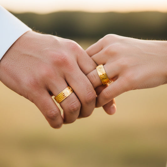 Manos de una pareja usando unas argollas de matrimonio con diseño único en oro amarillo de 18 quilates de Joyería Caracas.