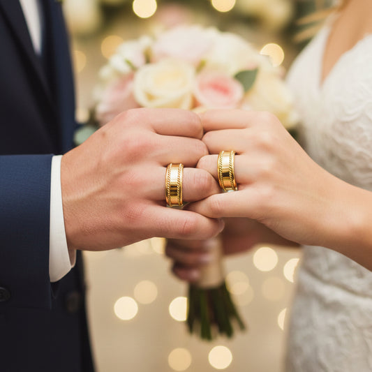 Manos de una pareja usando unas argollas en oro amarillo de 18 quilates de Joyería Caracas.