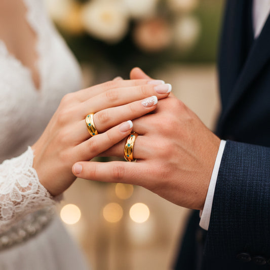Manos de una pareja usando unas argollas de matrimonio en oro amarillo de 18 quilates con 3 cristales verdes de Joyería Caracas.