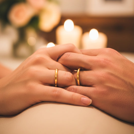 Manos de una pareja usando unas argollas en oro amarillo tubulares de 18 quilates de Joyería Caracas.