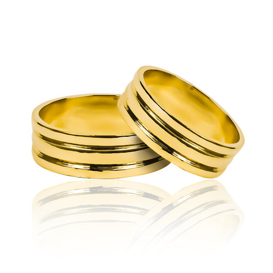 Argollas de matrimonio three channels, elaboradas en oro 18k por Joyería Caracas, cuentan con un certificado de calidad y garantía para toda la vida.