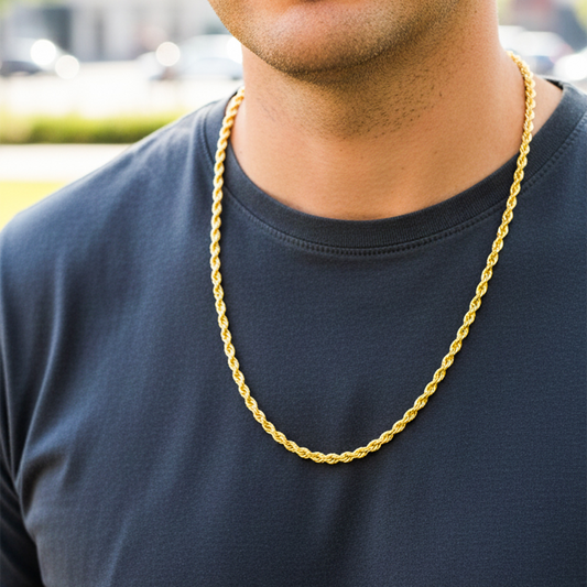 Cuello de modelo usando una cadena en tejido lazo en oro amarillo de 18 quilates de Joyería Caracas.