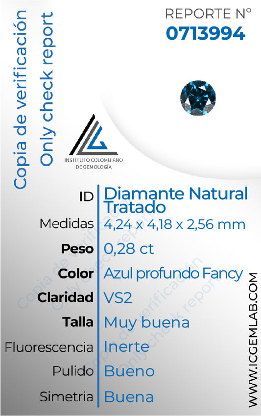 Imagen de copia de verificación del Diamante Natural Tratado, en el que se muestran sus especificaciones, como medidas, peso, color, claridad y talla.