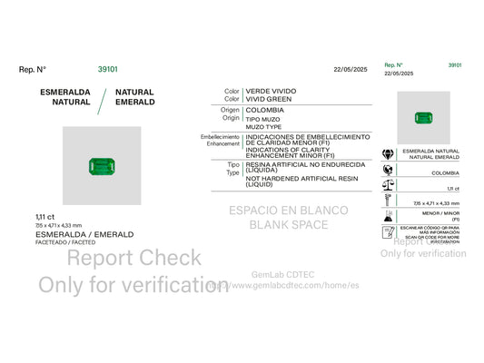 Certificado de autenticidad de Esmeralda de 1,11 Ct