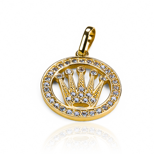 Dije Corona R con cristales JT, elaborada en oro 18K y creada por Joyería Caracas. Con una garantía para toda la vida.
