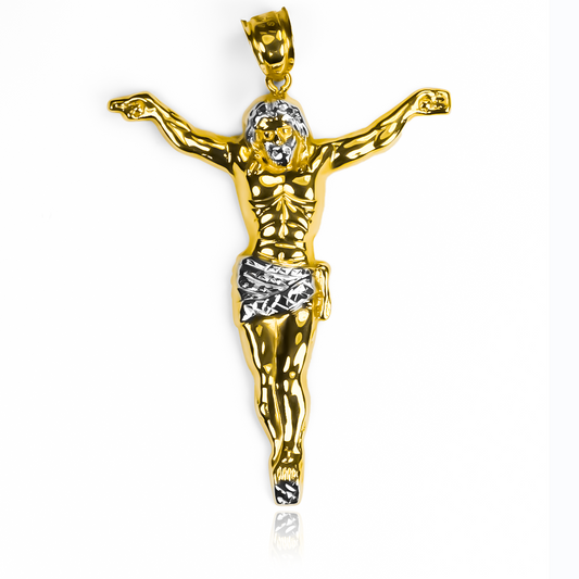 Dije Cristo XXL en oro de 18K de Joyería Caracas. Este elegante dije cuenta con una garantía de por vida.