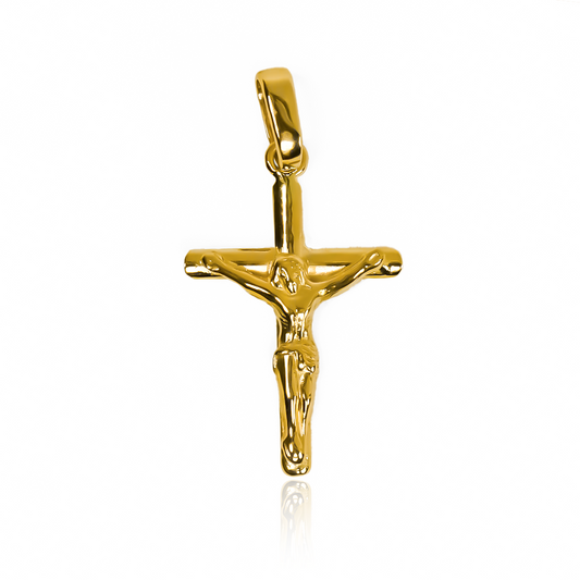 Dije Cruz Cristo M JC son el complemento perfecto para cualquier outfit. Hechos en oro 18K de la prestigiosa Joyería Caracas, cuenta con garantía de por vida.