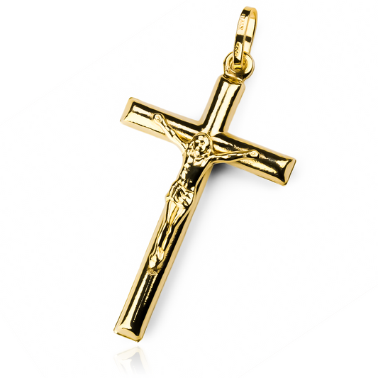 Dije Cruz Cristo tubo L I en oro 18K. Diseñado por Joyería Caracas, este exclusivo accesorio es una verdadera obra de arte. Con garantía de por vida.