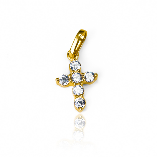 Dije Cruz SM cristales JT está elaborado en oro 18K de Joyería Caracas y cuenta con una garantía para toda la vida.