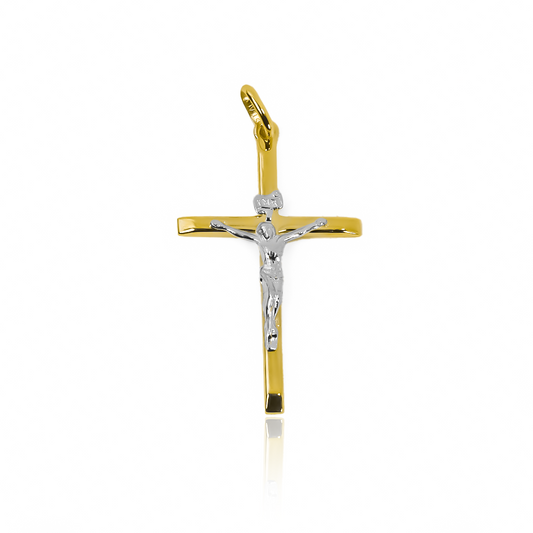 Dije Cruz cristo plano II L bicolor. Con diseño en Oro 18K de la prestigiosa Joyería Caracas y una garantía para toda la vida.