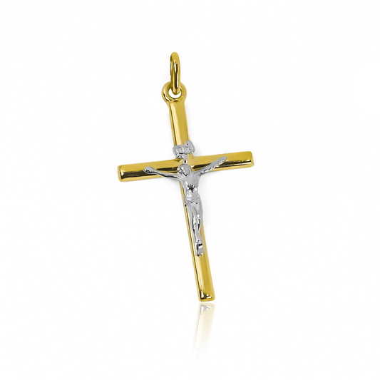 Dije Cruz cristo plano L bicolor I. Hecho de oro 18K, esta joya de Joyería Caracas es una verdadera obra de arte. Con garantía para toda la vida.