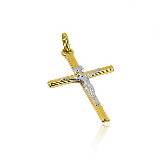 Dije Cruz cristo plano L bicolor I. Hecho de oro 18K, esta joya de Joyería Caracas es una verdadera obra de arte. Con garantía para toda la vida.