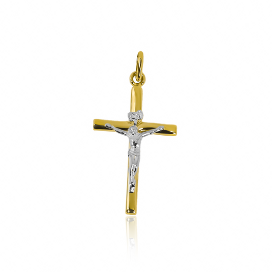 Dije con un cruz de cristo plano de oro 18K es una verdadera joya de Joyería Caracas. Con su diseño bicolor y garantía para toda la vida.