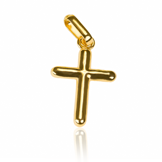 Dije Cruz tubo lisa M JT. Hecho de Oro 18K y elaborado por Joyería Caracas, cuenta con garantía de por vida.