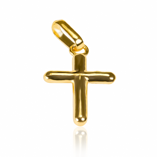 Dije Cruz tubo lisa M JT. Hecho de Oro 18K y elaborado por Joyería Caracas, cuenta con garantía de por vida.