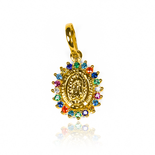 Dije Guadalupe Multicolor M JT. Confeccionado en Oro 18K, esta joya de Joyería Caracas lleva consigo una garantía de por vida.