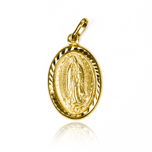 Dije Guadalupe con marco diamantado L I, hecho en oro 18K por Joyería Caracas. Cuenta con garantía de por vida.
