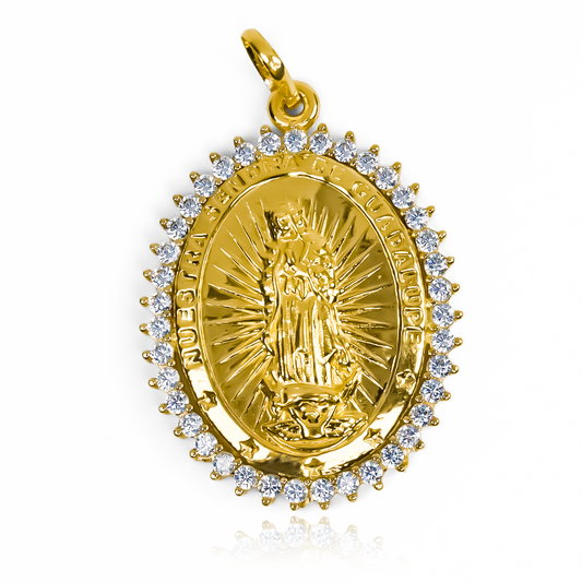 Dije Guadalupe xxl cristales JT, con detalles en oro 18K y la calidad de Joyería Caracas. Con garantía de por vida.