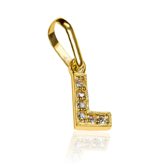 Dije Letra L crystal mini JT de oro 18K. Fabricado en Joyería Caracas, cuenta con garantía de por vida.