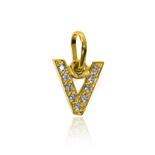 Dije Letra V crystal JT. Confeccionado con Oro 18K y un diseño de la reconocida Joyería Caracas, cuenta con garantía de por vida.