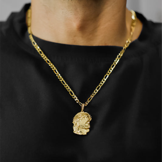 Cuello de hombre con cadena y dije del Rostro de Jesús en oro amarillo de 18 quilates, hecho en Joyería Caracas.