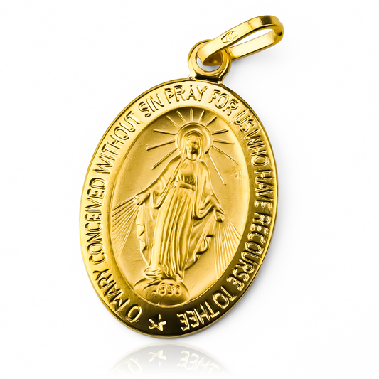 Dije Virgen Milagrosa XL I, elaborado en oro 18K por la prestigiosa Joyería Caracas. Con garantía para toda la vida.