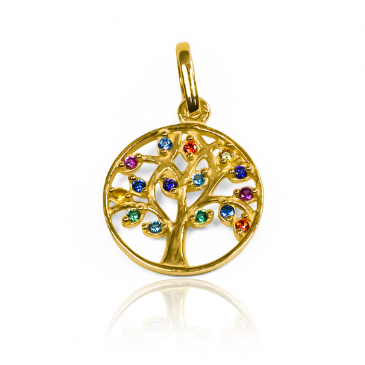 Dije Árbol de la vida multicolor JT. Confeccionado en Oro 18K por Joyería Caracas, cuenta con garantía de por vida.