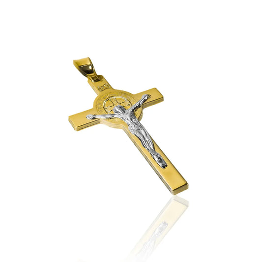 Dije de cruz de San Benito de oro 18k de Joyería Caracas, cuenta con garantía de por vida.