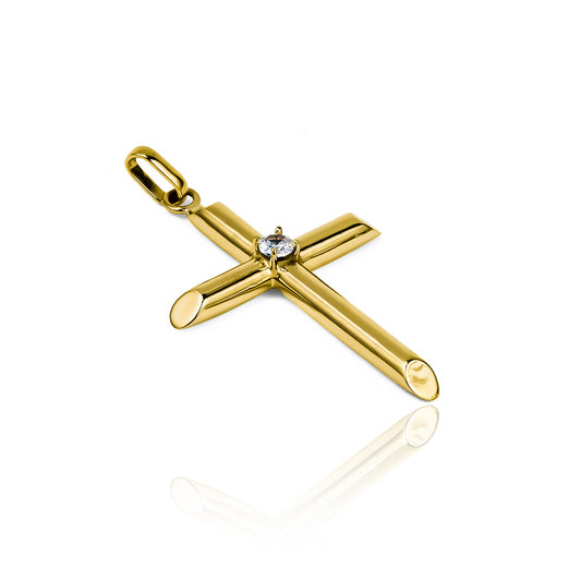 Dije Cruz Centro cristal. Hecho de Oro 18K, esta pieza de la Joyería Caracas, cuenta con garantía de por vida.