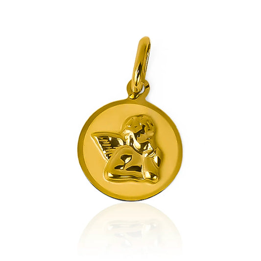 Dije Angelito placa I está confeccionado en oro 18K de la prestigiosa Joyería Caracas. Con garantía de por vida.