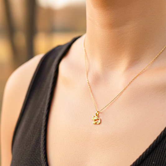 Cuello de modelo usando una cadena con un dije en forma de elefante en oro amarillo de 18 quilates con cristal de Joyería Caracas.