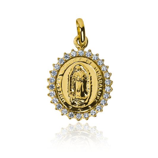 Dije Guadalupe XL cristales JT, fabricado en oro 18K por Joyería Caracas. Con garantía de por vida.