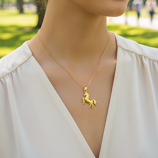 Cuello de modelo usando una cadena con un dije en forma de caballo en oro amarillo de 18 quilates de Joyería Caracas.