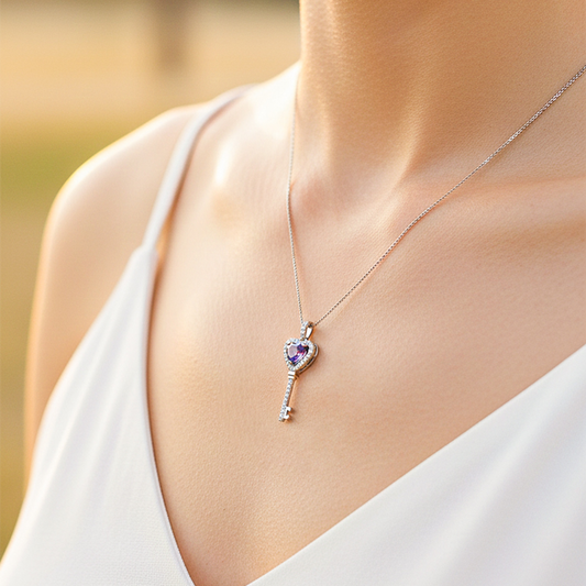 Cuello de modelo usando una cadena con un dije en forma de llave en oro blanco de 18 quilates con piedra Amatista en forma de corazón de Joyería Caracas.
