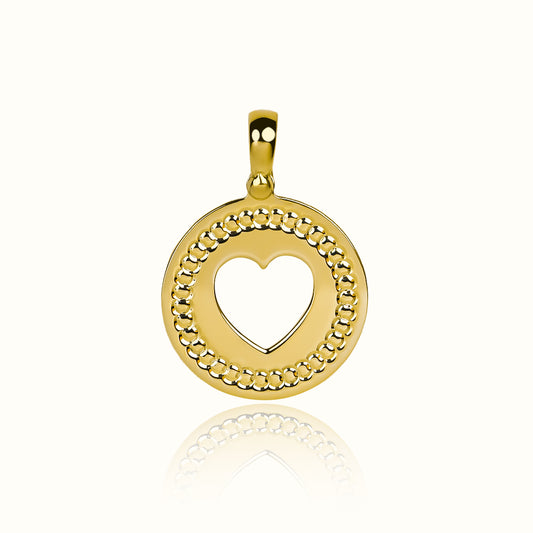 Dije Placa silueta Corazón I, elaborado en oro 18K por Joyería Caracas, cuenta con certificado de calidad y garantía de por vida.