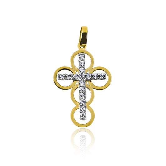 Dije Cruz mini circles bicolor de oro de 18K de Joyería Caracas, con esta joyería de calidad y garantía de toda la vida.