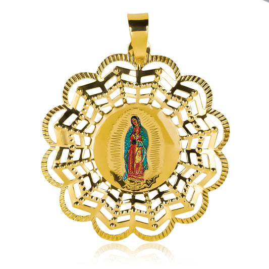 Dije Guadalupana color bigger I, elaborado en oro de 18 quilates por Joyería Caracas, cuenta con certificado de calidad y garantía de por vida.