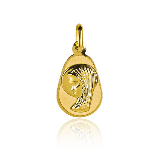 Dije Rostro virgen placa pera I, elaborado en oro 18K por Joyería Caracas, cuenta con garantía de por vida.