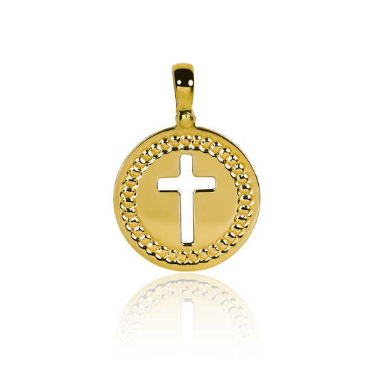 Dije Placa silueta Cruz I, elaborado en oro 18K por Joyería Caracas, cuenta con certificado de calidad y garantía para toda la vida.