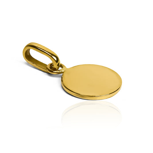 Dije placa redonda lisa elaborada en oro 18K por Joyería Caracas con garantía de por vida.