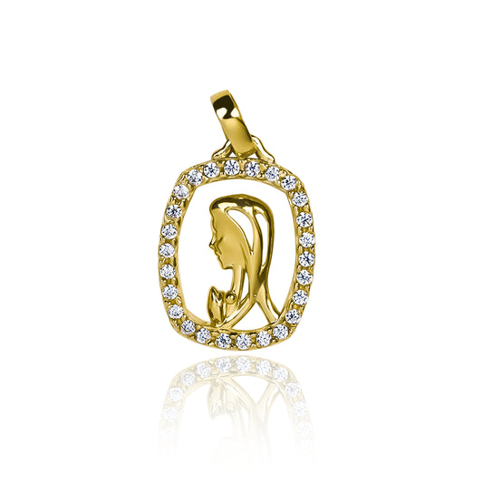 Dije Virgen rezando I, fabricado en Oro 18K por Joyería Caracas, cuenta con garantía de calidad y durabilidad de por vida.
