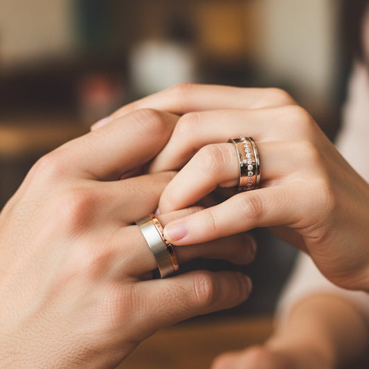 Mano de pareja usando unas argollas de matrimonio en oro blanco y rosa de 18 quilates de Joyería Caracas.